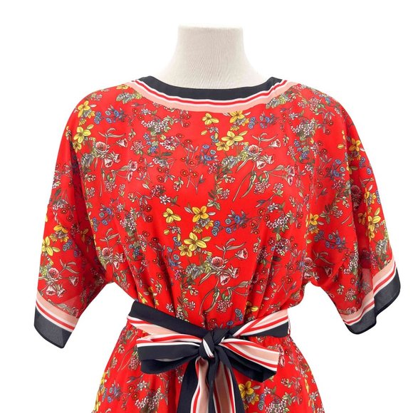 Alice + Olivia Red Fressia Blossom Bowie Striped Trim Floral Romper - Picture 2 of 4